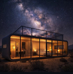 SMC Prefab Modular Luxury Cabin with black glass roof, desert-style garden, and lit interior at night under starry sky. — supplier listing reference; configuration may vary.