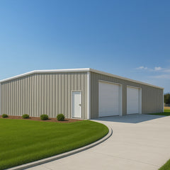 Gray metal 60x120x16 steel building kit with white garage doors, surrounded by green bushes and gravel driveway. — supplier listing reference; configuration may vary.